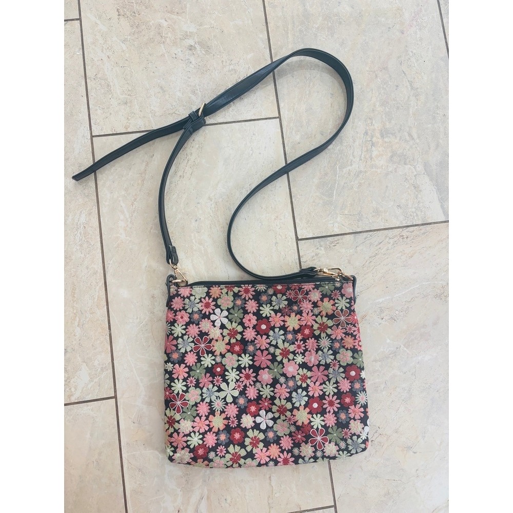 Versona Floral Tapestry Crossbody Bag Pink Red Green Boho Adjustable Strap